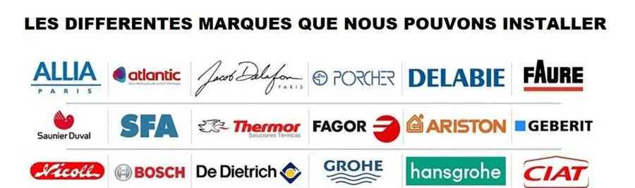 Marques sanitaires installées par les plombiers CDBTP : Allia, Atlantic, Jacob Delafon, Porcher, Delabie, Faure, Saunier Duval, SFA, Thermor, Fagor, Ariston, Geberit, Nicoll, Bosch, De Dietrich, Grohe, Hansgrohe, Ciat